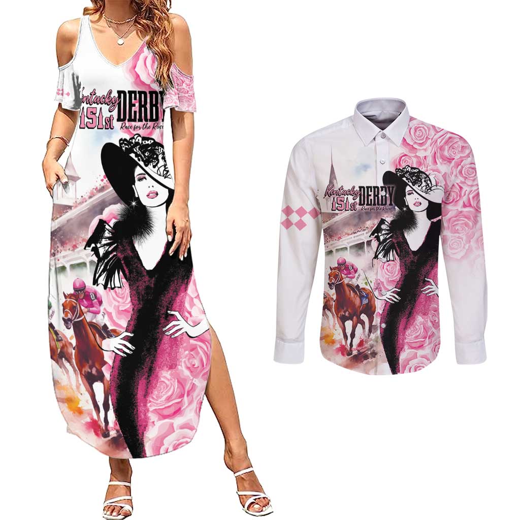 Kentucky Horse Racing Couples Matching Summer Maxi Dress and Long Sleeve Button Shirt Derby Day - Pink Out Party