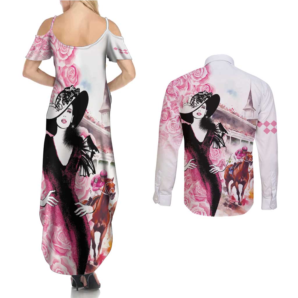 Kentucky Horse Racing Couples Matching Summer Maxi Dress and Long Sleeve Button Shirt Derby Day - Pink Out Party