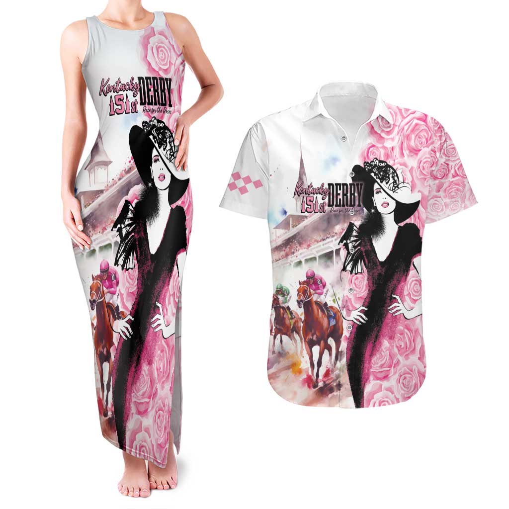 Kentucky Horse Racing Couples Matching Tank Maxi Dress and Hawaiian Shirt Derby Day - Pink Out Party
