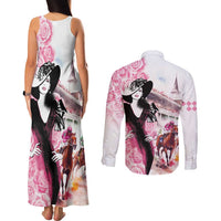 Kentucky Horse Racing Couples Matching Tank Maxi Dress and Long Sleeve Button Shirt Derby Day - Pink Out Party