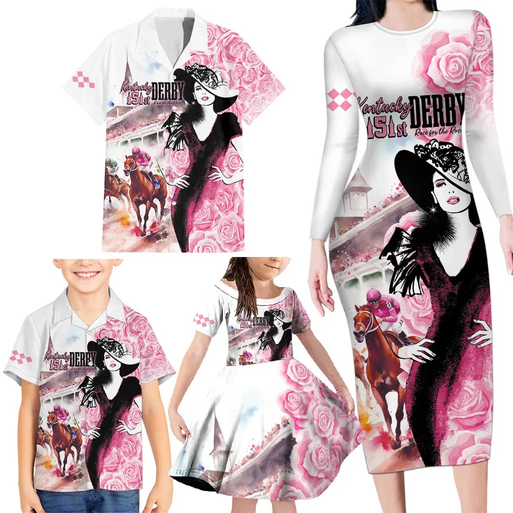 Kentucky Horse Racing Family Matching Long Sleeve Bodycon Dress and Hawaiian Shirt Derby Day - Pink Out Party