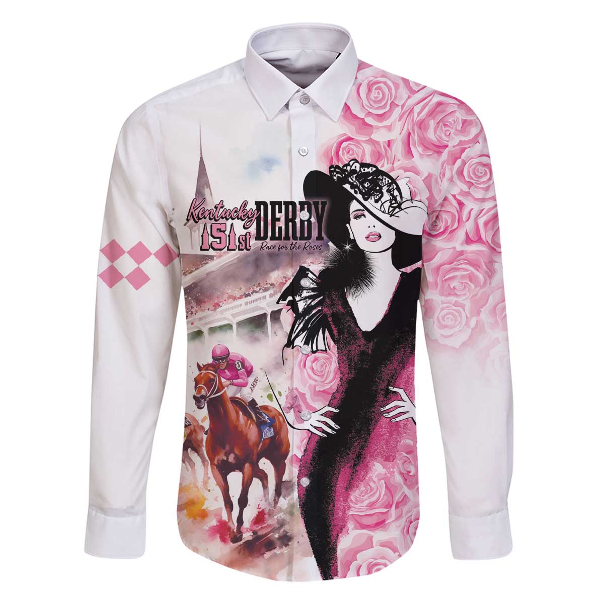 Kentucky Horse Racing Family Matching Off The Shoulder Long Sleeve Dress and Hawaiian Shirt Derby Day - Pink Out Party