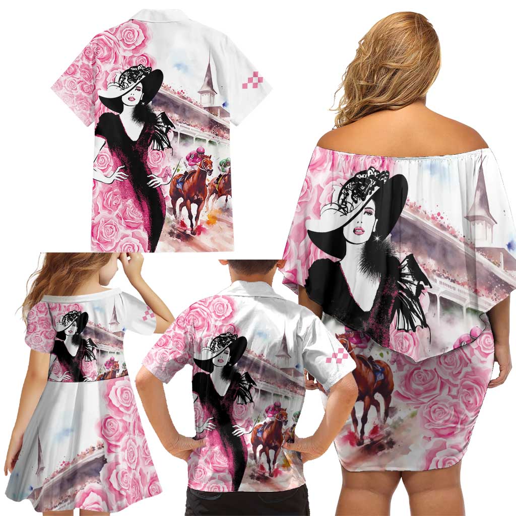 Kentucky Horse Racing Family Matching Off Shoulder Short Dress and Hawaiian Shirt Derby Day - Pink Out Party