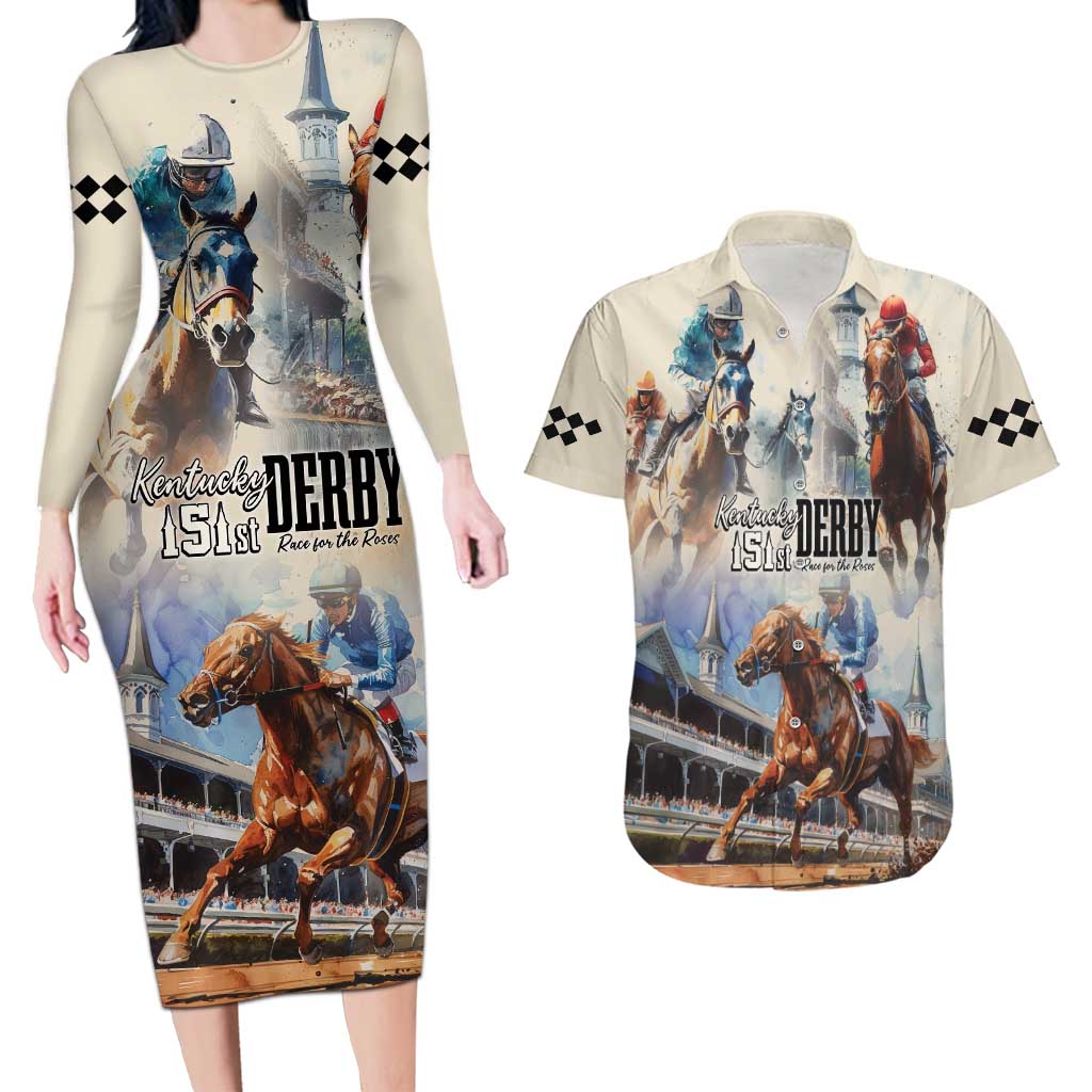 Kentucky Horse Racing Couples Matching Long Sleeve Bodycon Dress and Hawaiian Shirt For The Roses