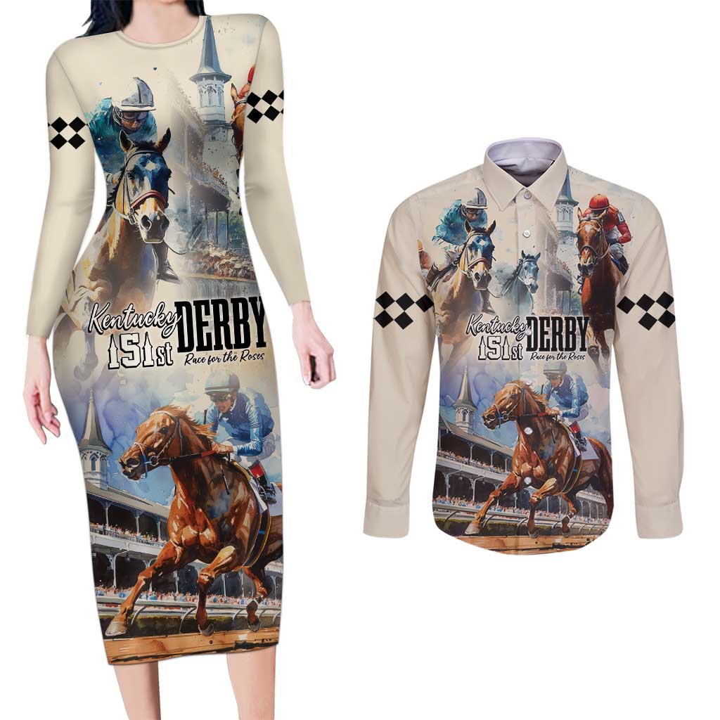 Kentucky Horse Racing Couples Matching Long Sleeve Bodycon Dress and Long Sleeve Button Shirt For The Roses