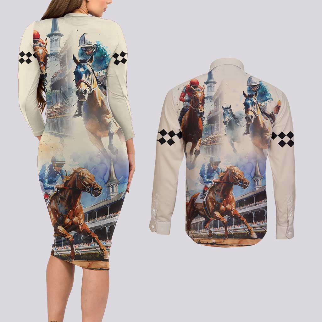 Kentucky Horse Racing Couples Matching Long Sleeve Bodycon Dress and Long Sleeve Button Shirt For The Roses