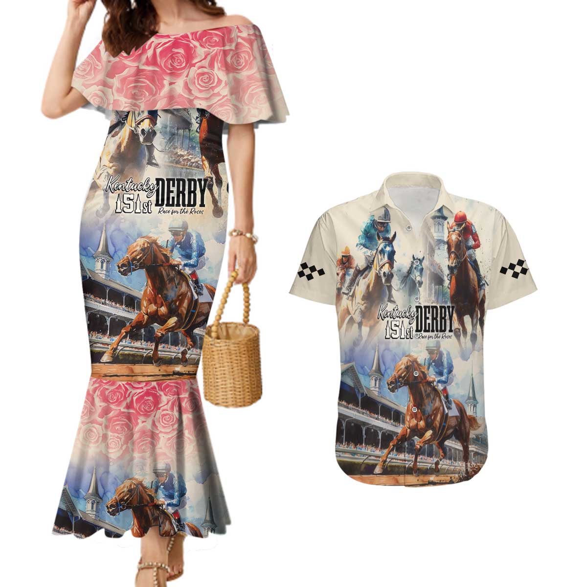 Kentucky Horse Racing Couples Matching Mermaid Dress and Hawaiian Shirt For The Roses