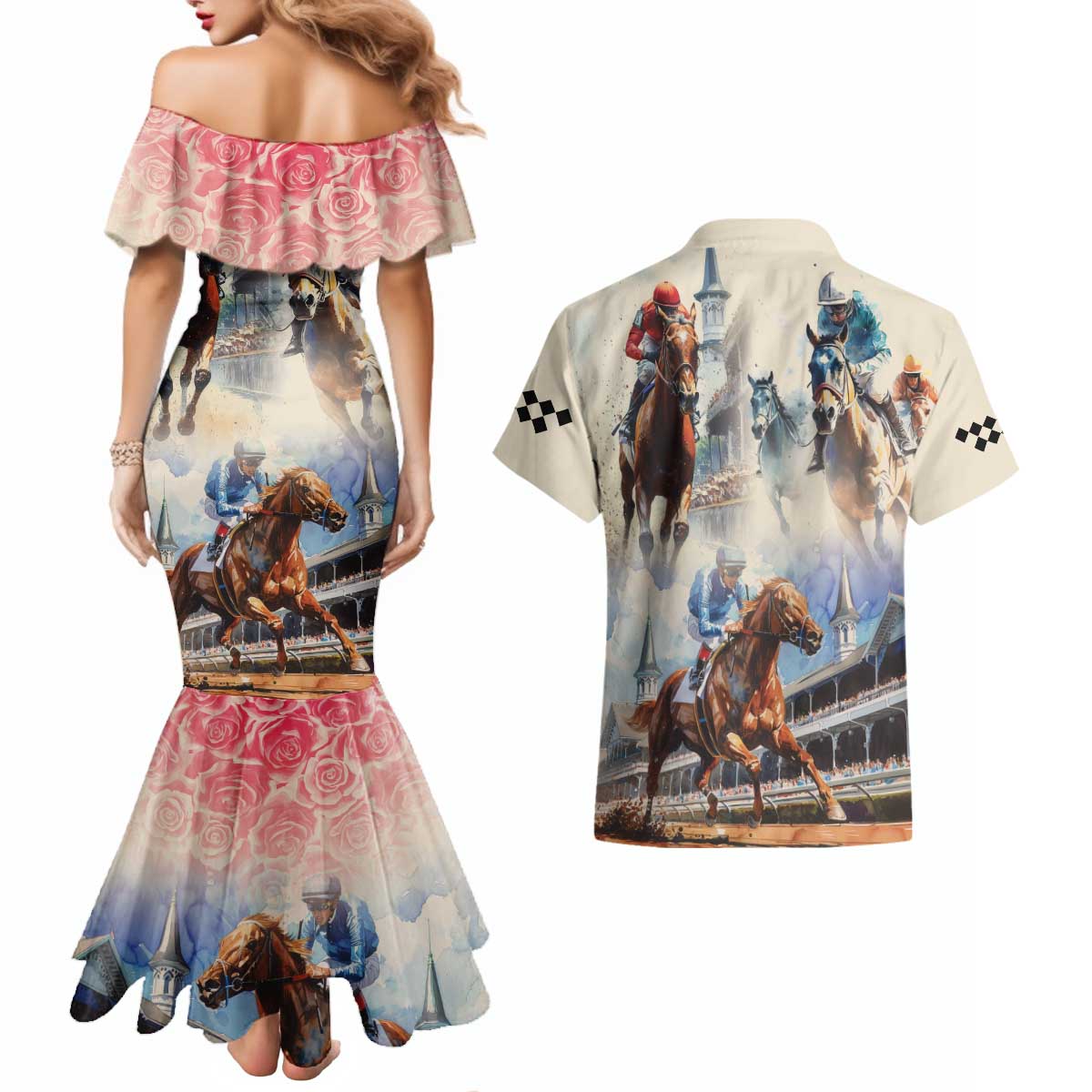 Kentucky Horse Racing Couples Matching Mermaid Dress and Hawaiian Shirt For The Roses