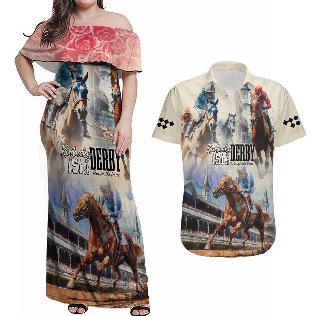 Kentucky Horse Racing Couples Matching Off Shoulder Maxi Dress and Hawaiian Shirt For The Roses