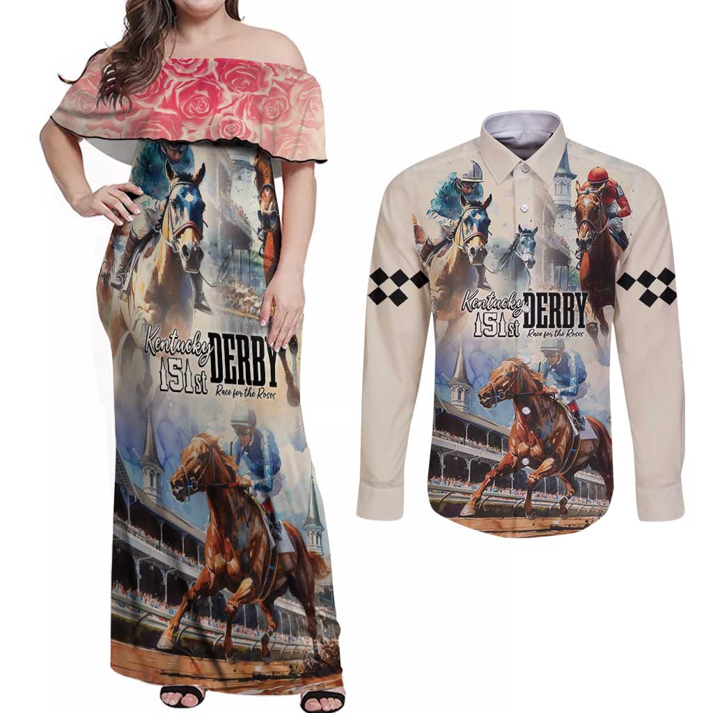 Kentucky Horse Racing Couples Matching Off Shoulder Maxi Dress and Long Sleeve Button Shirt For The Roses