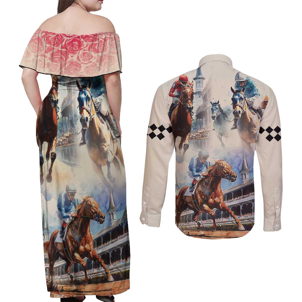 Kentucky Horse Racing Couples Matching Off Shoulder Maxi Dress and Long Sleeve Button Shirt For The Roses