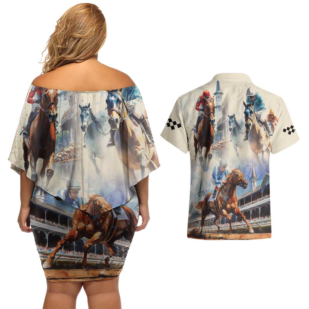 Kentucky Horse Racing Couples Matching Off Shoulder Short Dress and Hawaiian Shirt For The Roses