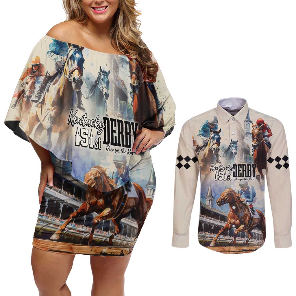 Kentucky Horse Racing Couples Matching Off Shoulder Short Dress and Long Sleeve Button Shirt For The Roses