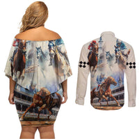 Kentucky Horse Racing Couples Matching Off Shoulder Short Dress and Long Sleeve Button Shirt For The Roses
