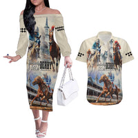 Kentucky Horse Racing Couples Matching Off The Shoulder Long Sleeve Dress and Hawaiian Shirt For The Roses