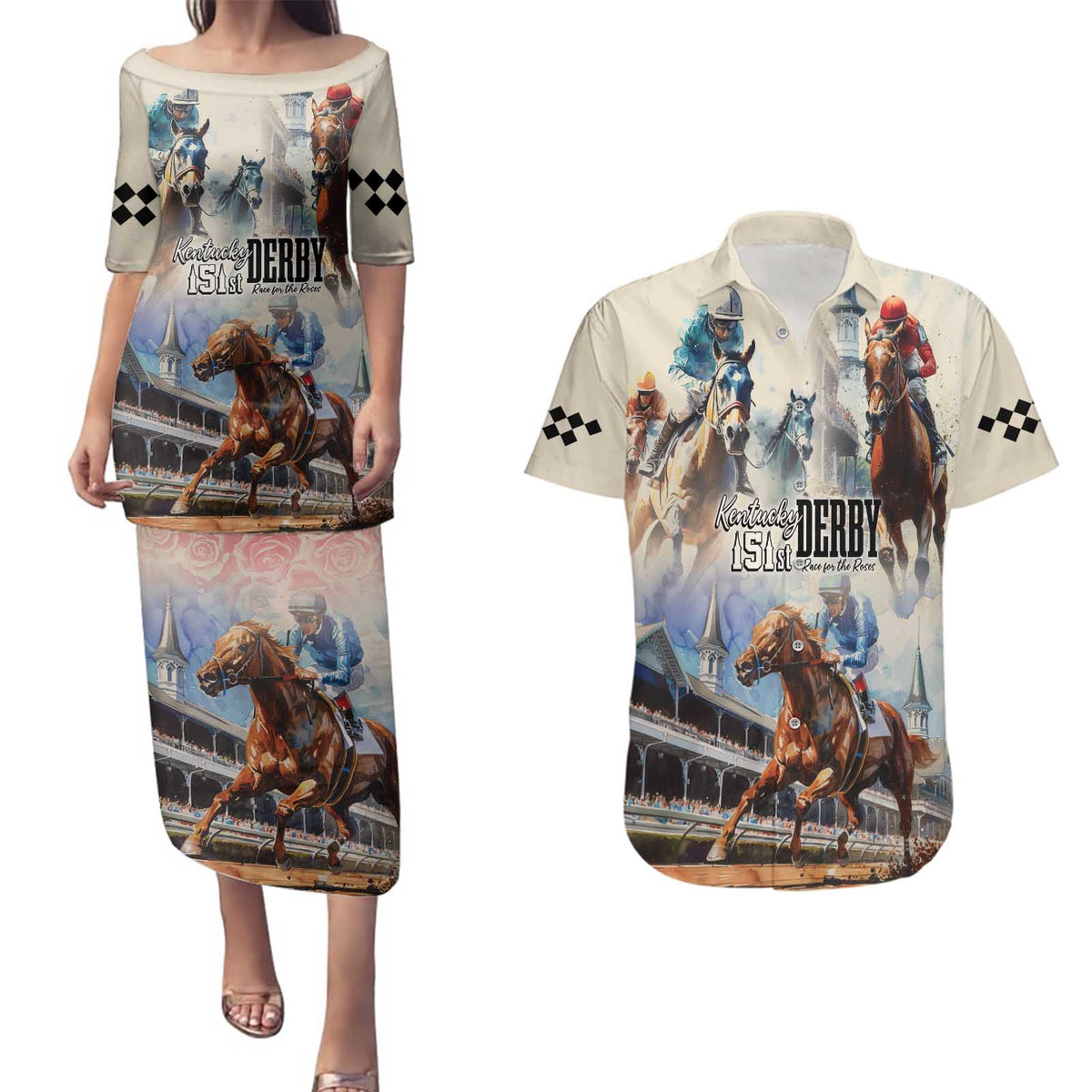 Kentucky Horse Racing Couples Matching Puletasi and Hawaiian Shirt For The Roses