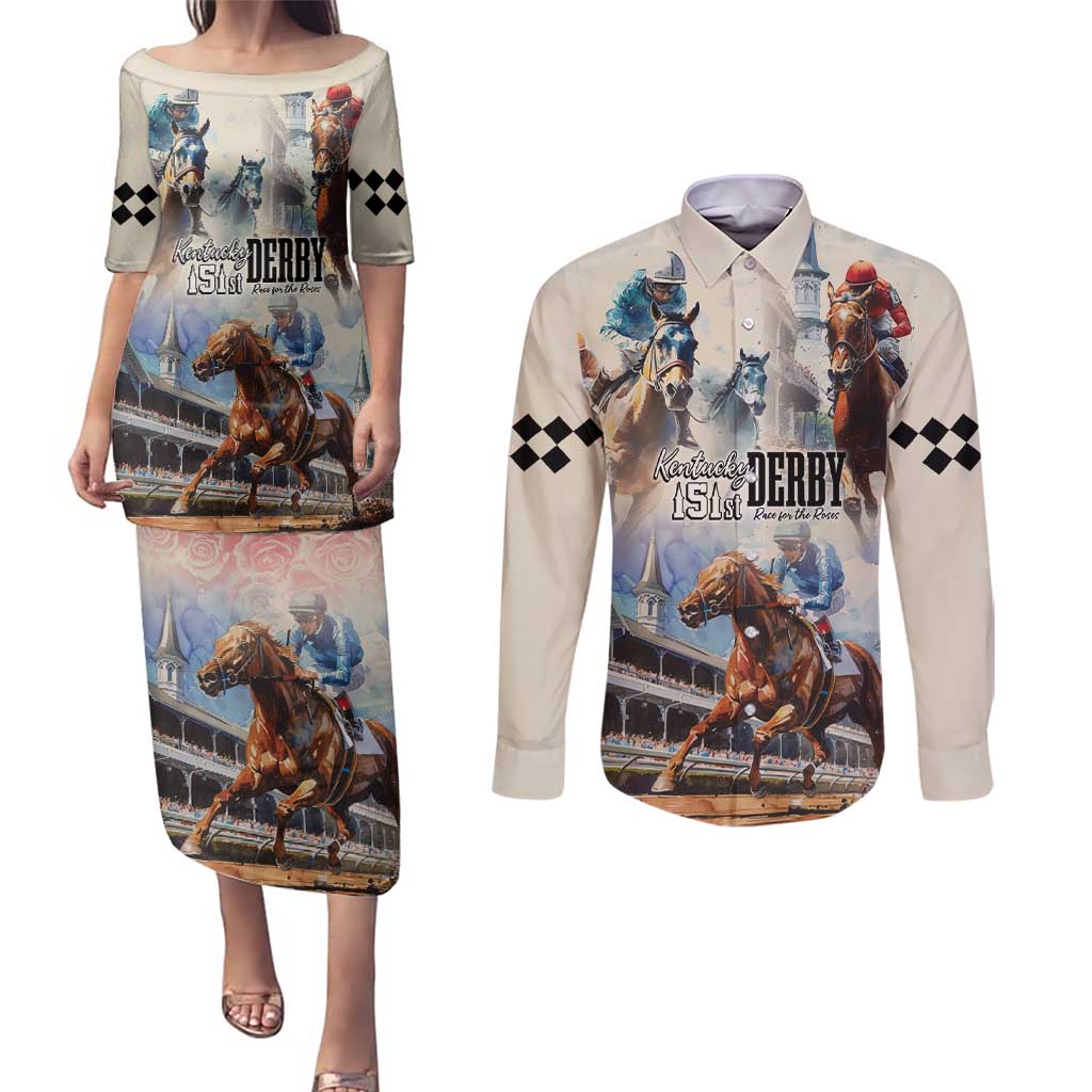 Kentucky Horse Racing Couples Matching Puletasi and Long Sleeve Button Shirt For The Roses
