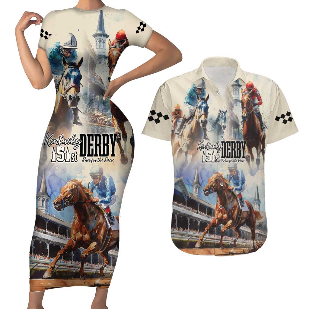 Kentucky Horse Racing Couples Matching Short Sleeve Bodycon Dress and Hawaiian Shirt For The Roses
