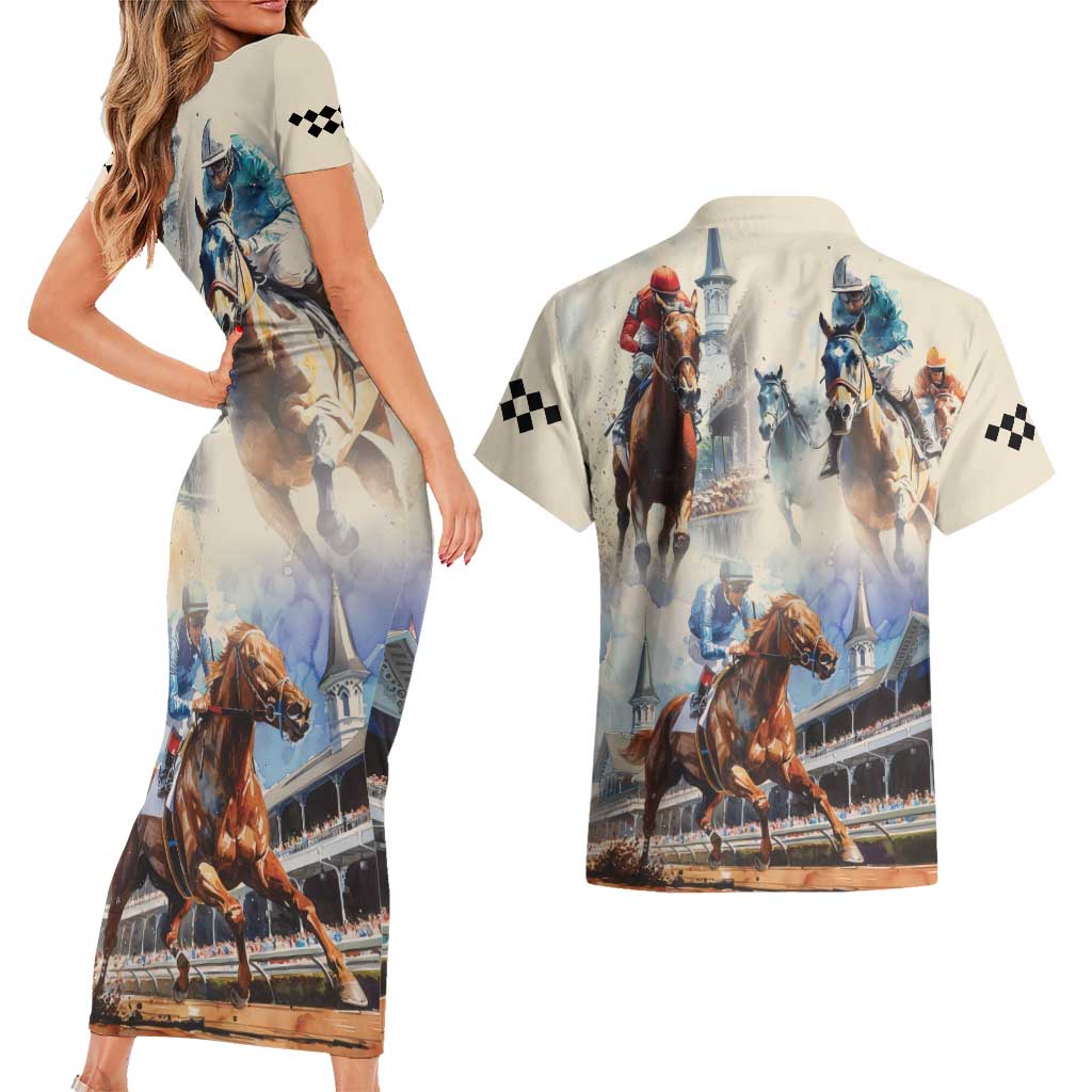 Kentucky Horse Racing Couples Matching Short Sleeve Bodycon Dress and Hawaiian Shirt For The Roses