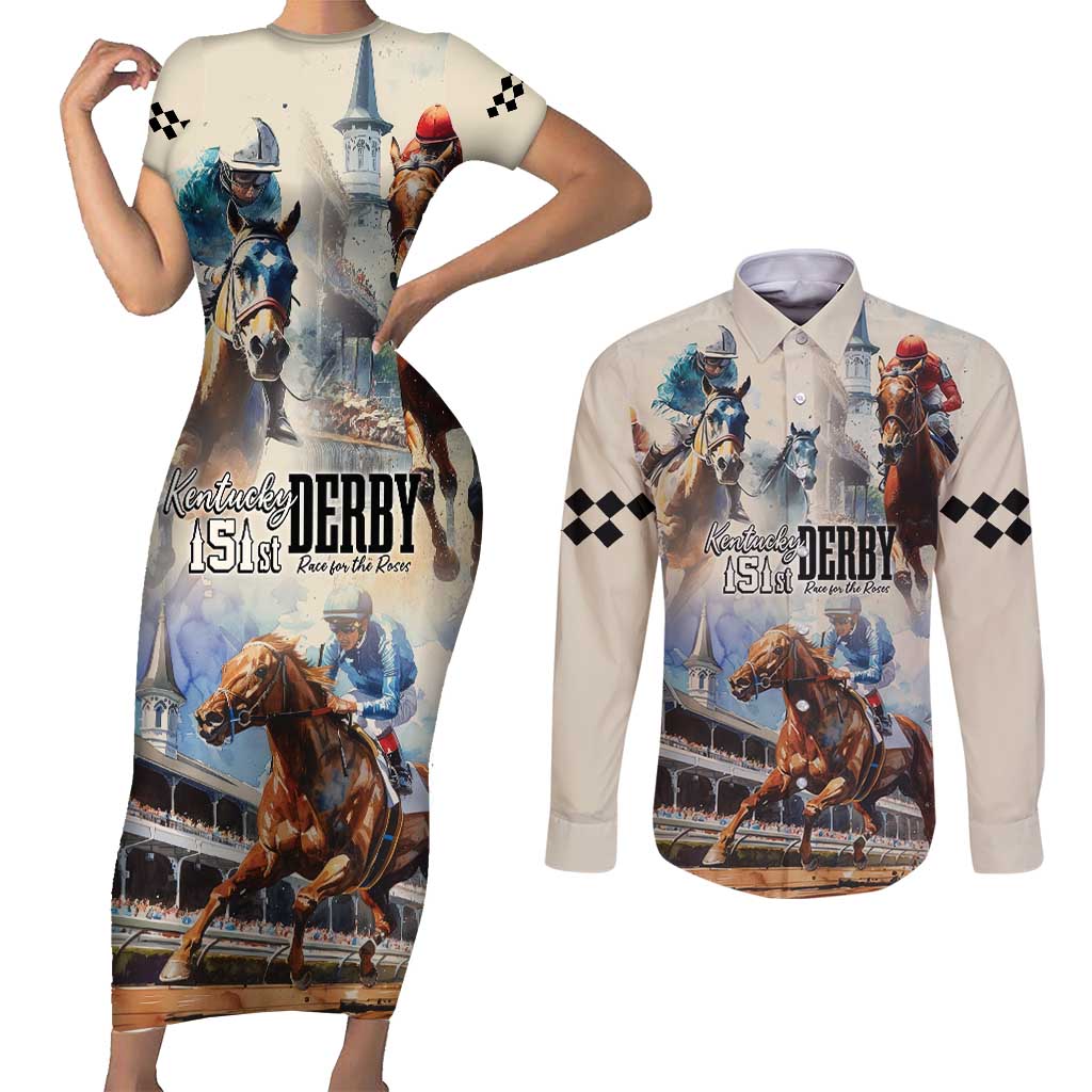Kentucky Horse Racing Couples Matching Short Sleeve Bodycon Dress and Long Sleeve Button Shirt For The Roses