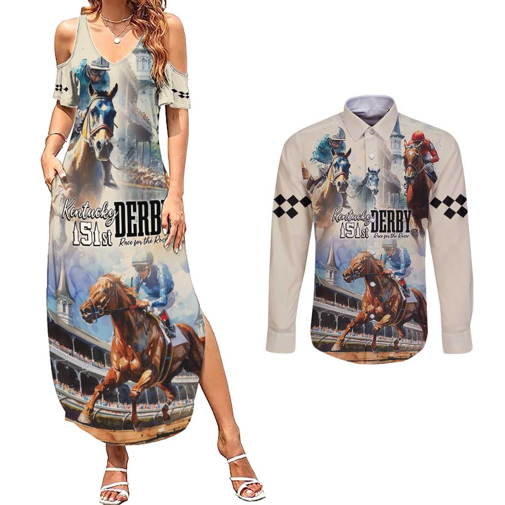 Kentucky Horse Racing Couples Matching Summer Maxi Dress and Long Sleeve Button Shirt For The Roses