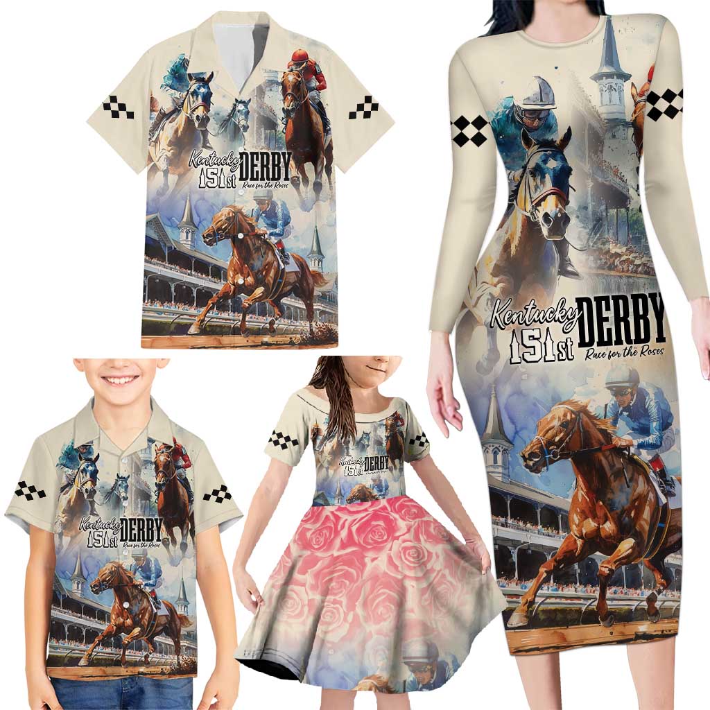 Kentucky Horse Racing Family Matching Long Sleeve Bodycon Dress and Hawaiian Shirt For The Roses