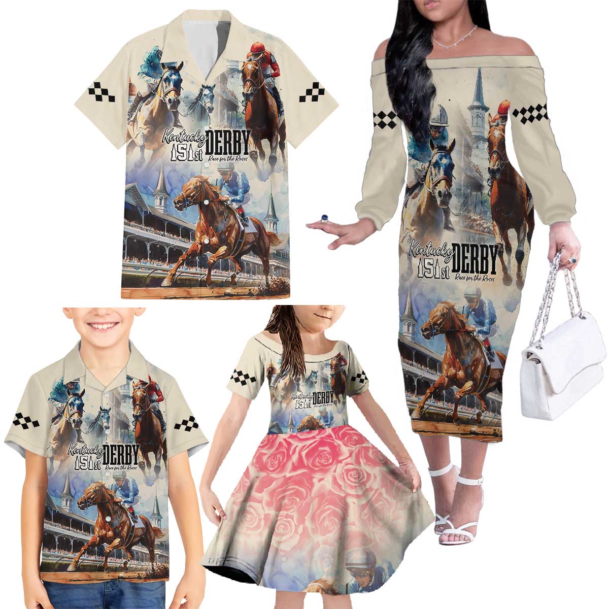 Kentucky Horse Racing Family Matching Off The Shoulder Long Sleeve Dress and Hawaiian Shirt For The Roses