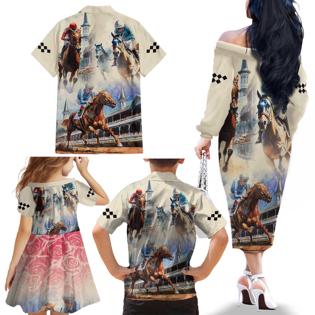 Kentucky Horse Racing Family Matching Off The Shoulder Long Sleeve Dress and Hawaiian Shirt For The Roses
