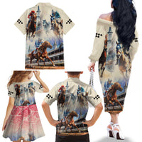Kentucky Horse Racing Family Matching Off The Shoulder Long Sleeve Dress and Hawaiian Shirt For The Roses