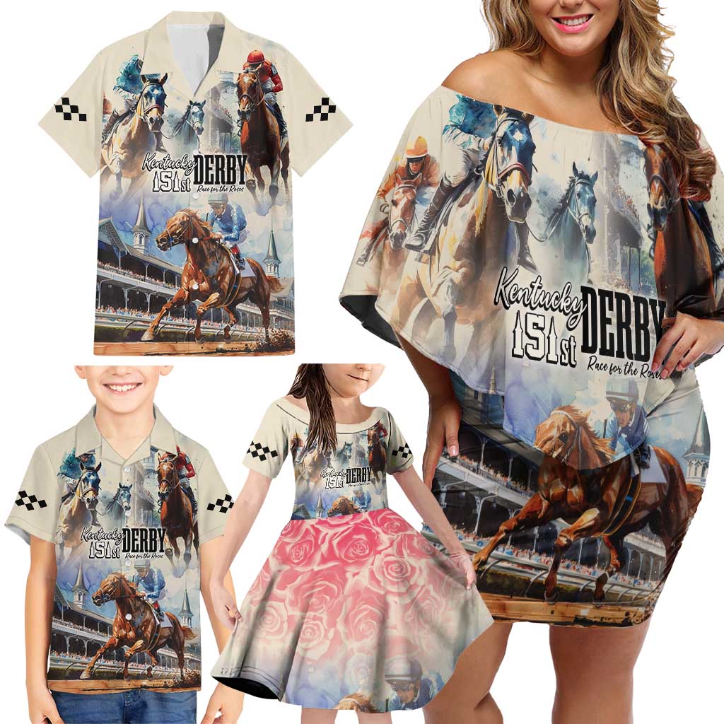 Kentucky Horse Racing Family Matching Off Shoulder Short Dress and Hawaiian Shirt For The Roses