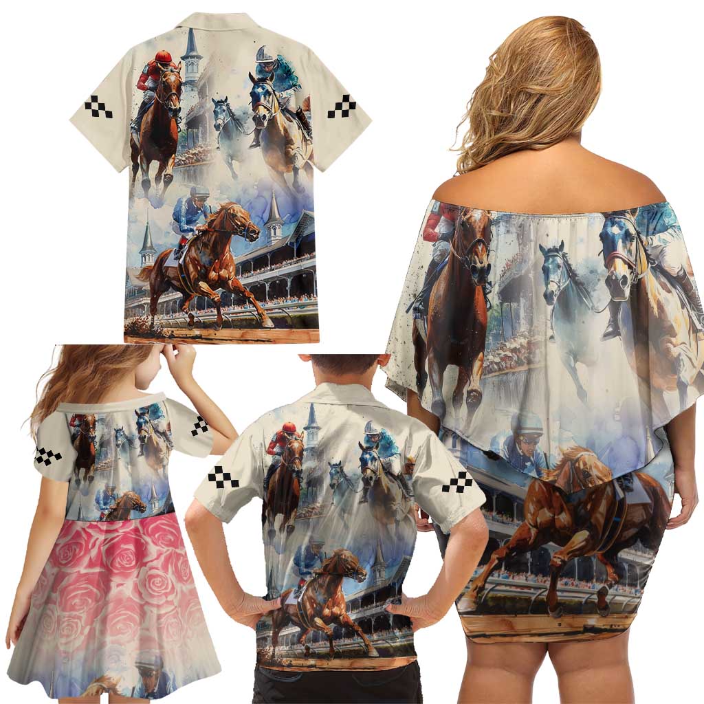 Kentucky Horse Racing Family Matching Off Shoulder Short Dress and Hawaiian Shirt For The Roses