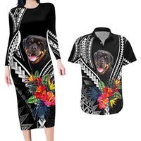 Personalised Polynesian Dog Couples Matching Long Sleeve Bodycon Dress and Hawaiian Shirt Rottweiler With Polynesia Pattern Curve Style LT7 - Wonder Print Shop