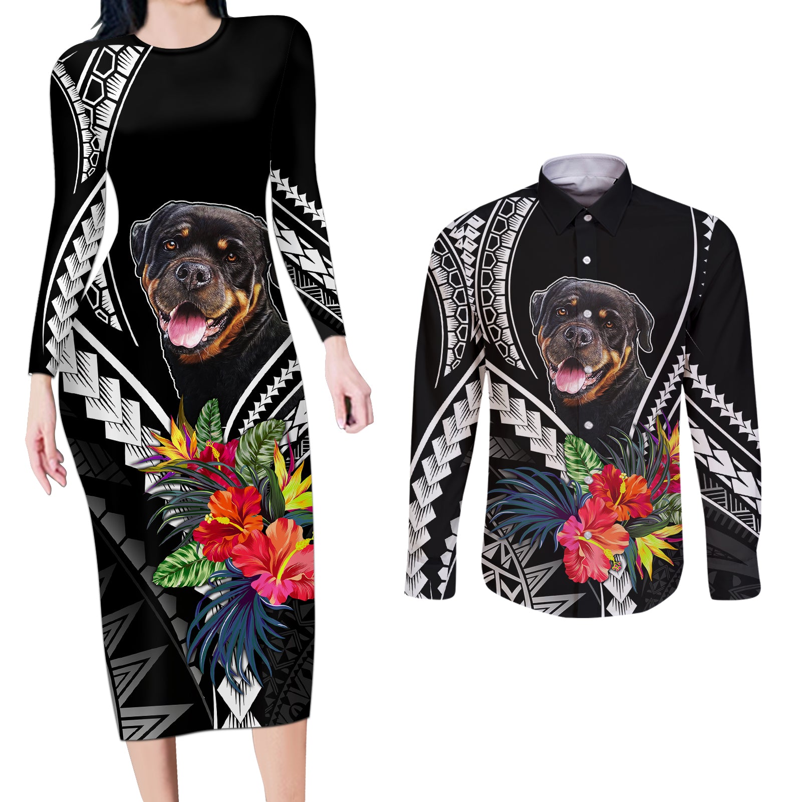 Personalised Polynesian Dog Couples Matching Long Sleeve Bodycon Dress and Long Sleeve Button Shirts Rottweiler With Polynesia Pattern Curve Style LT7 - Wonder Print Shop