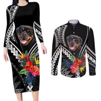 Personalised Polynesian Dog Couples Matching Long Sleeve Bodycon Dress and Long Sleeve Button Shirts Rottweiler With Polynesia Pattern Curve Style LT7 - Wonder Print Shop