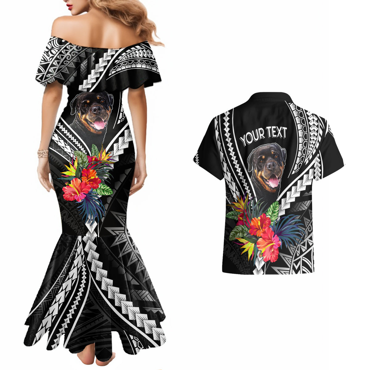 Personalised Polynesian Dog Couples Matching Mermaid Dress And Hawaiian Shirt Rottweiler With Polynesia Pattern Curve Style LT7 - Wonder Print Shop