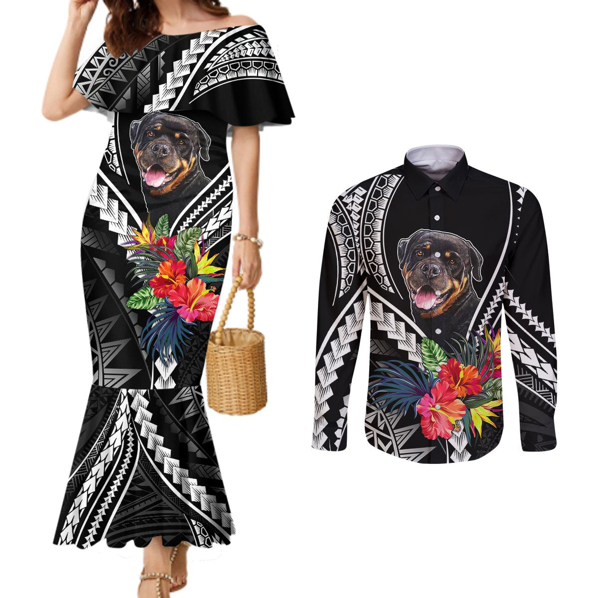 personalised-polynesian-dog-couples-matching-mermaid-dress-and-long-sleeve-button-shirts-rottweiler-with-polynesia-pattern-curve-style