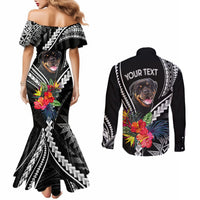 Black off-shoulder mermaid dress and long-sleeve button shirt with dog portrait and YOUR TEXT back