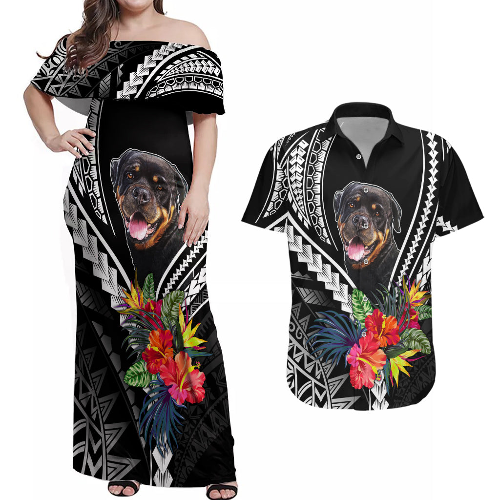 Personalised Polynesian Dog Couples Matching Off Shoulder Maxi Dress and Hawaiian Shirt Rottweiler With Polynesia Pattern Curve Style LT7 - Wonder Print Shop