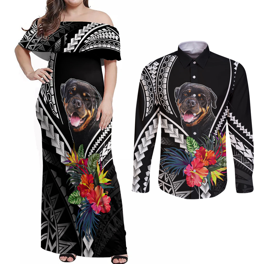 Personalised Polynesian Dog Couples Matching Off Shoulder Maxi Dress and Long Sleeve Button Shirts Rottweiler With Polynesia Pattern Curve Style LT7 - Wonder Print Shop