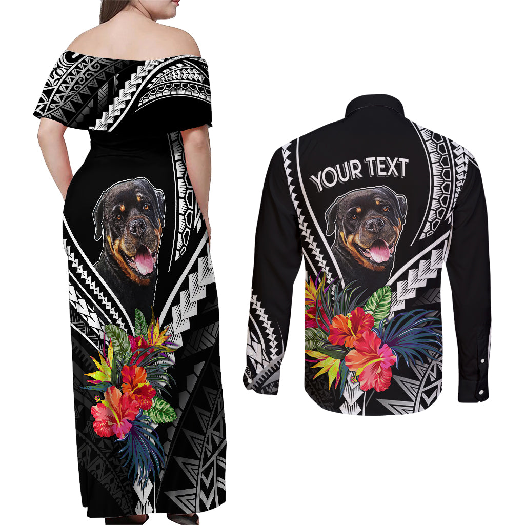 Personalised Polynesian Dog Couples Matching Off Shoulder Maxi Dress and Long Sleeve Button Shirts Rottweiler With Polynesia Pattern Curve Style LT7 - Wonder Print Shop