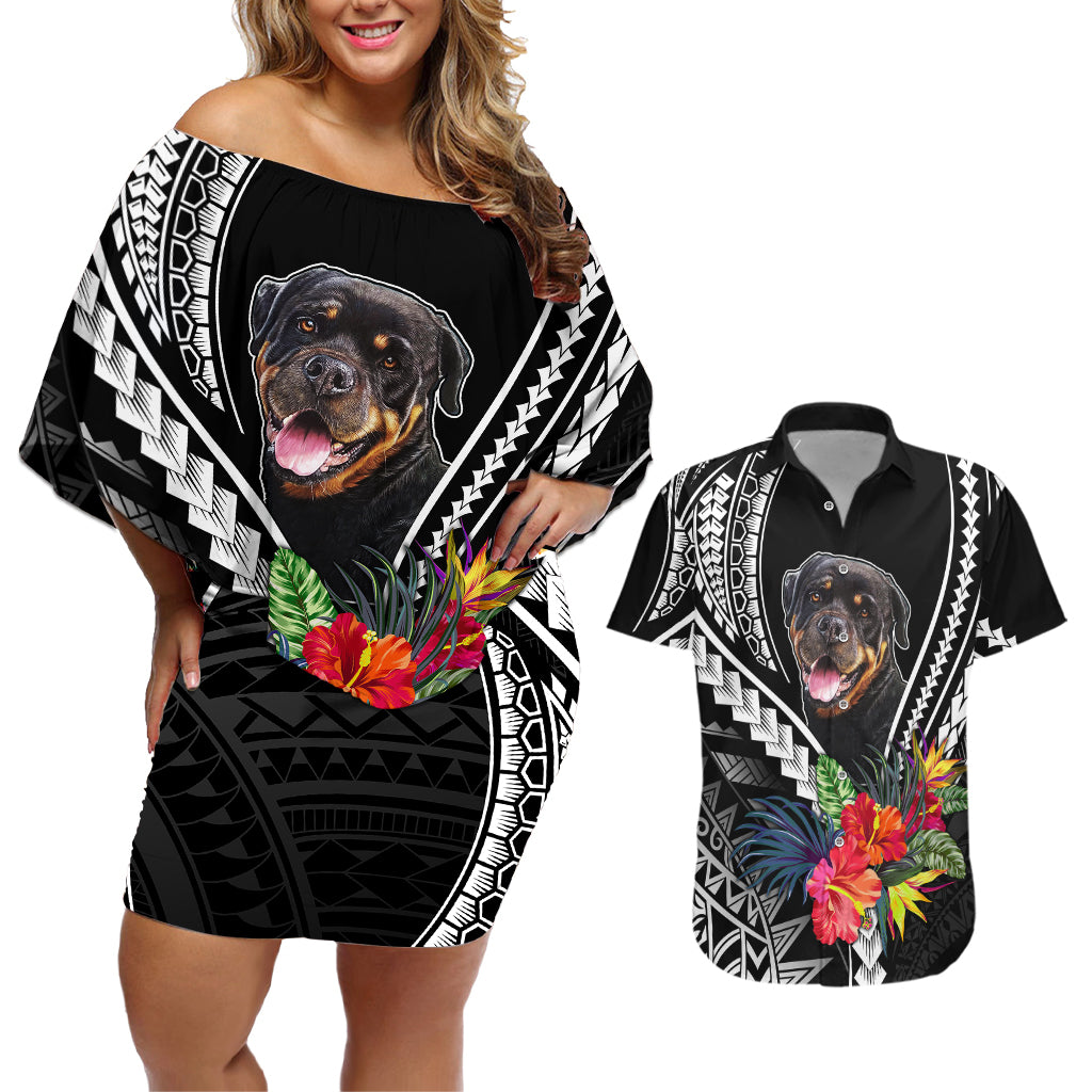 Personalised Polynesian Dog Couples Matching Off Shoulder Short Dress and Hawaiian Shirt Rottweiler With Polynesia Pattern Curve Style LT7 - Wonder Print Shop