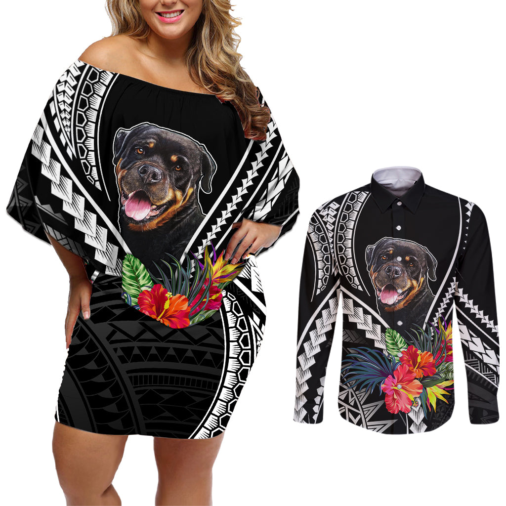Personalised Polynesian Dog Couples Matching Off Shoulder Short Dress and Long Sleeve Button Shirts Rottweiler With Polynesia Pattern Curve Style LT7 - Wonder Print Shop