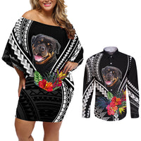 Black off-shoulder short dress and long-sleeve button shirt with rottweiler and floral pattern