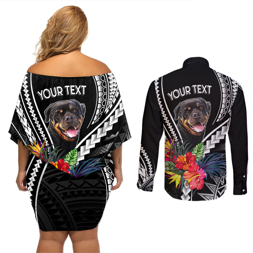 Back view of black off-shoulder dress and button shirt with rottweiler and 'YOUR TEXT'