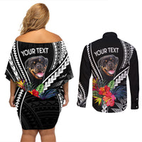Back view of black off-shoulder dress and button shirt with rottweiler and 'YOUR TEXT'