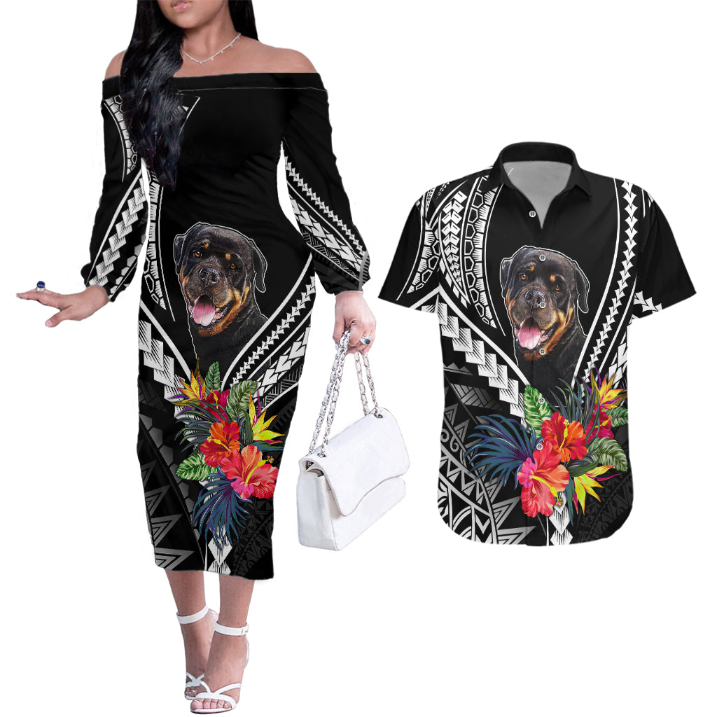 Personalised Polynesian Dog Couples Matching Off The Shoulder Long Sleeve Dress and Hawaiian Shirt Rottweiler With Polynesia Pattern Curve Style LT7 - Wonder Print Shop