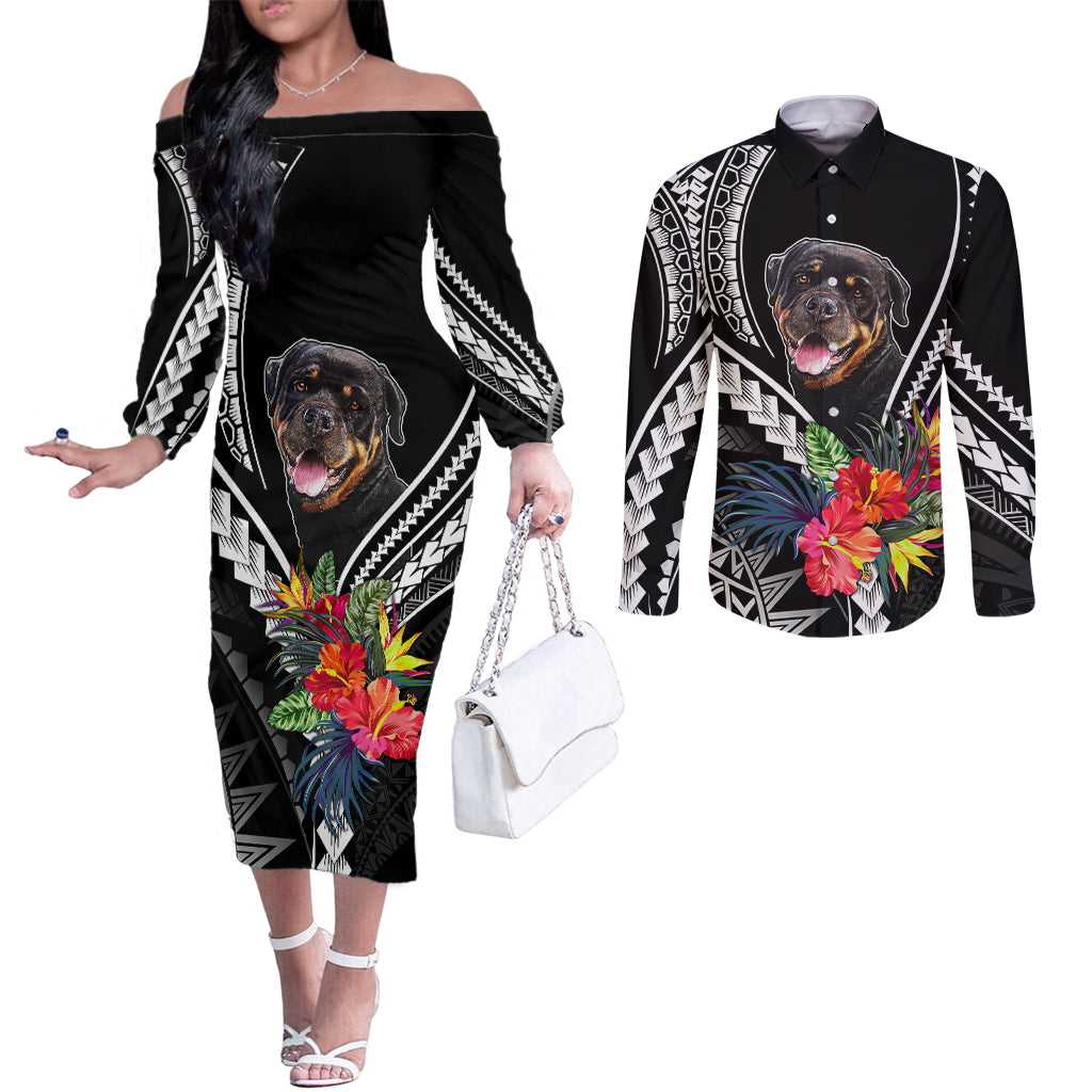 personalised-polynesian-dog-couples-matching-off-the-shoulder-long-sleeve-dress-and-long-sleeve-button-shirts-rottweiler-with-polynesia-pattern-curve-style