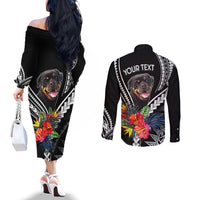 Black off-shoulder dress and black button shirt with dog portrait and 'YOUR TEXT' on back