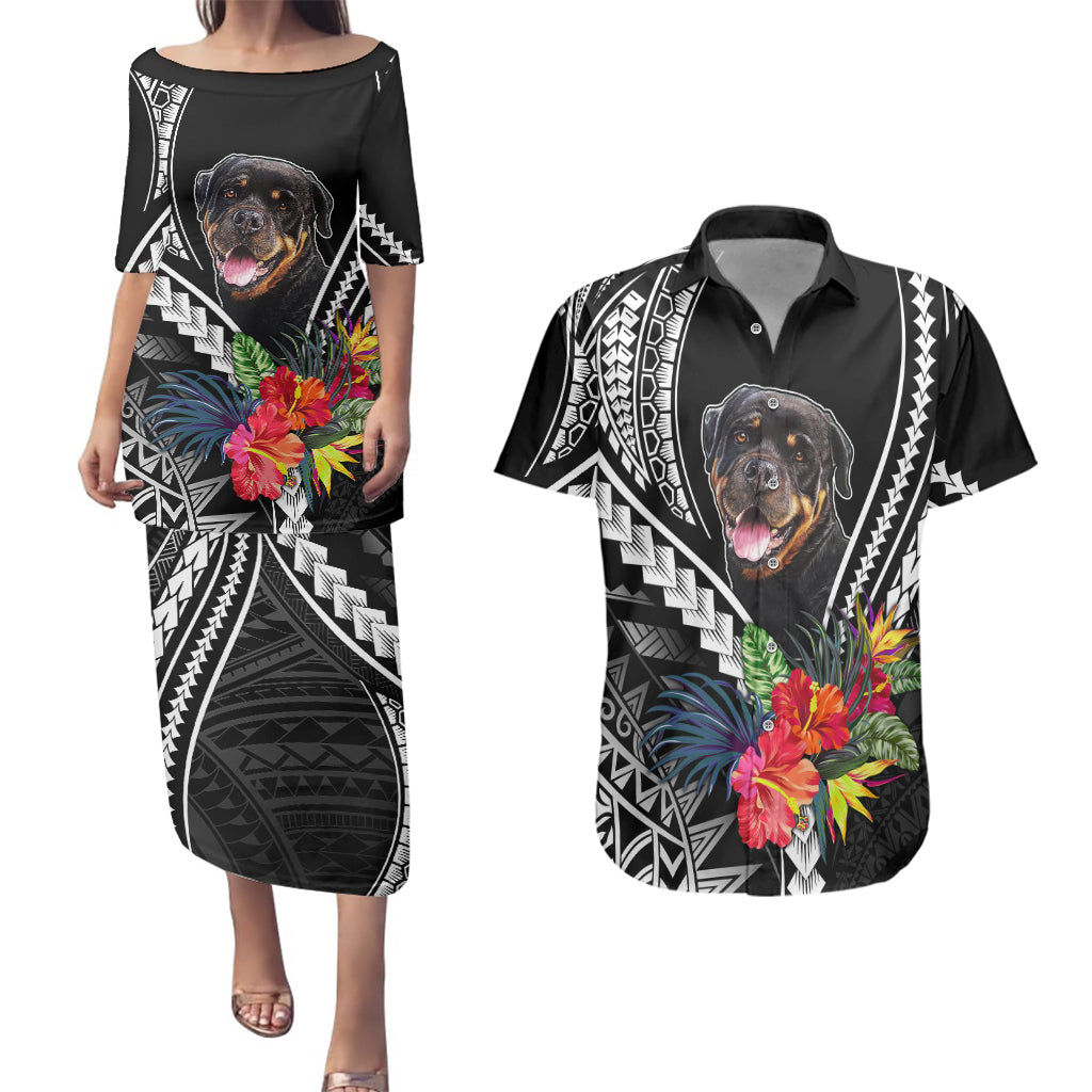 Personalised Polynesian Dog Couples Matching Puletasi Dress and Hawaiian Shirt Rottweiler With Polynesia Pattern Curve Style LT7 - Wonder Print Shop