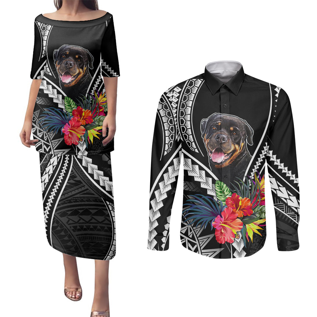 Personalised Polynesian Dog Couples Matching Puletasi Dress and Long Sleeve Button Shirts Rottweiler With Polynesia Pattern Curve Style LT7 - Wonder Print Shop